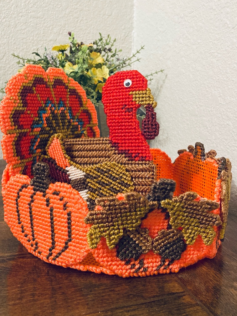 Fall Thanksgiving Turkey Plastic Canvas Candy Bowl Centerpiece - Picture 3 of 14